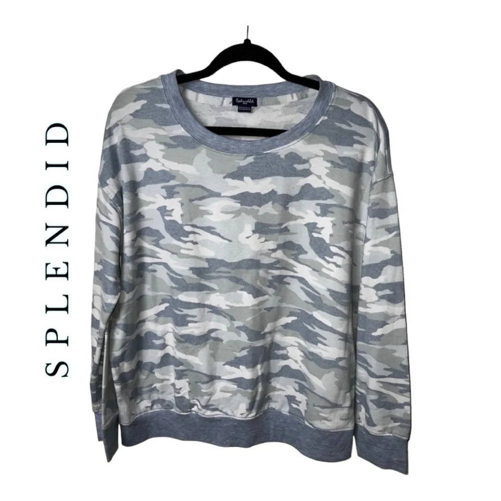 0150W. SPLENDID LONG SLEEVE JERSEY SWEATER BLUE CAMO IN COLOR SIZE MEDIUM